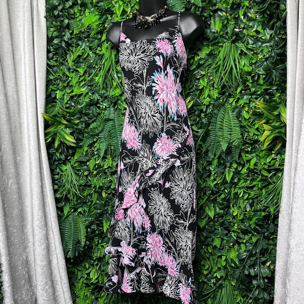 Vintage‎ RAG Dress Medium Floral Black Pink Blue Ruffle Size 11/12 Midi 3790
